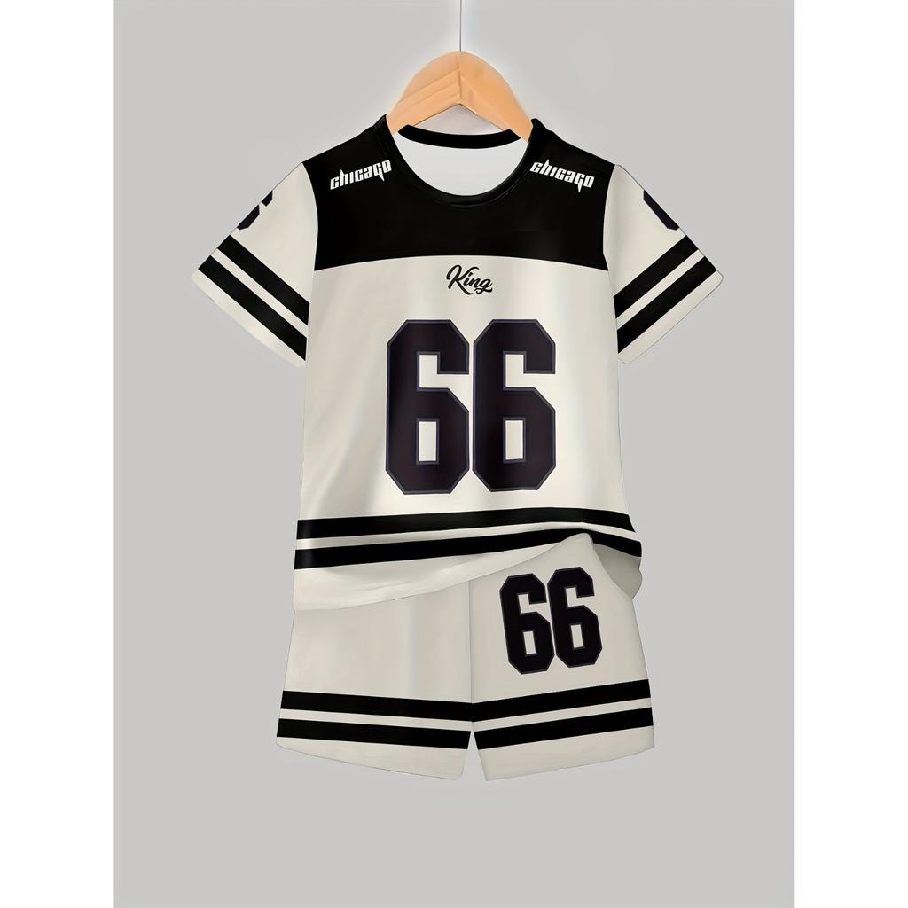 Boys' Set of Fashionable 3D Printed Casual Pullover, Short Sleeved Shorts, T Sports Shirt, Boys' Outdoor T-shirt Shorts Set