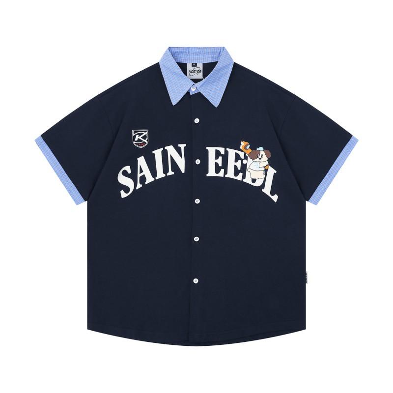 American Vintage Baseball Dog Print Polo Shirts Loose Fit Short Sleeve Tops Men Women Couple