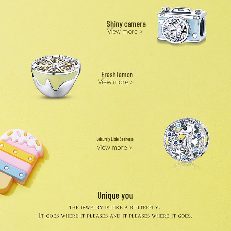 Avle S925 Sterling Silver Shiny Camera Beads DIY Bracelet Jewelry Accessories