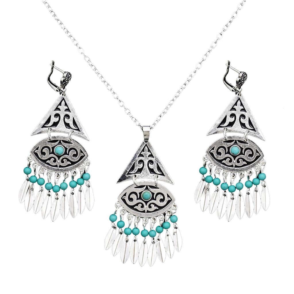 Women's Vintage Bohemian Style Tassel Hook Earrings and Necklace Jewelry Set 74GR