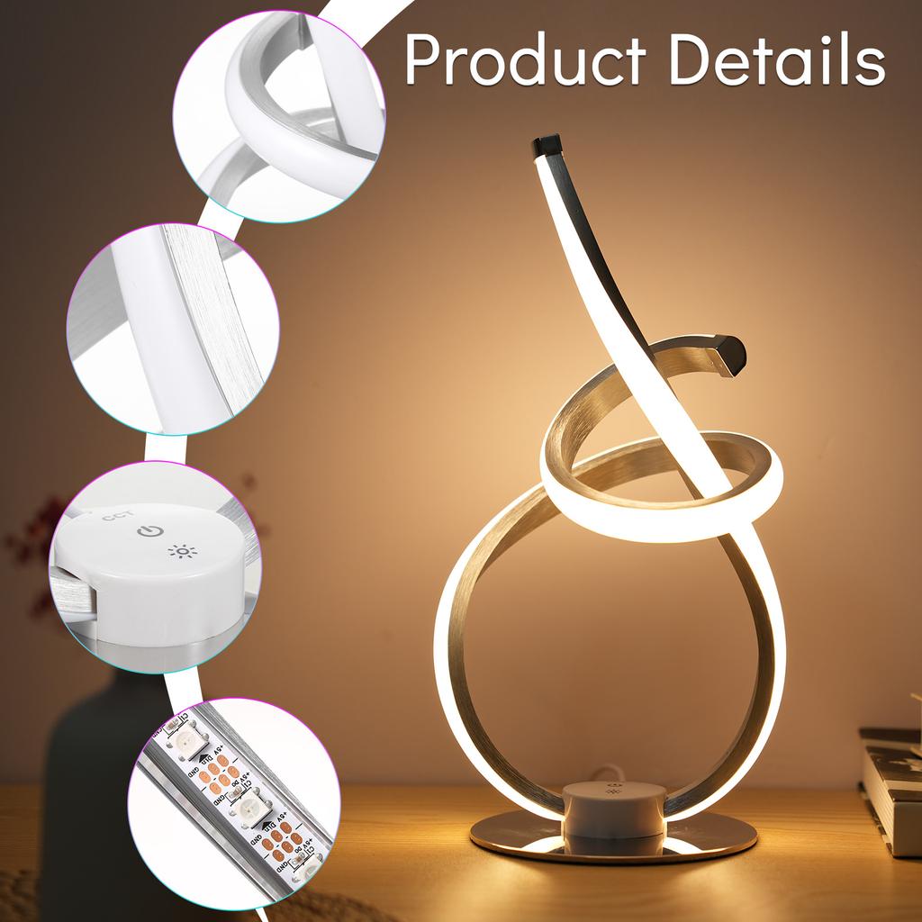 Neoglint Modern Spiral Table Lamp 3 Light Colors Night Light Ambient LED Nightstand Lamp Dimmable