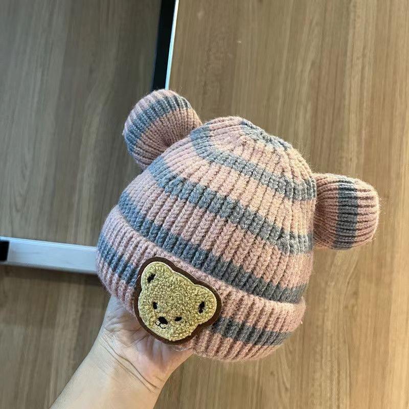 Autumn and winter children's warm hat cute striped bear hat baby double ball knitted hat men's and women's treasure hats