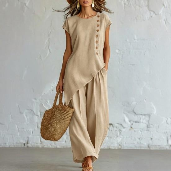 Women's Summer Casual 2 Piece Sets, Buttons Short Sleeve Top And Wide Leg Pants Matching Sets, Asymmetrical Hem Vacation Lounge Outfits
