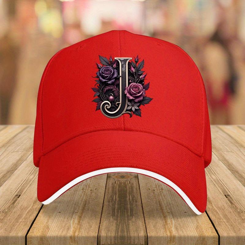 Letter J Purple Rose Floral Print Baseball Cap Polyester Unisex Outdoor Travel Sun Protection Streetwear Accessory One Size