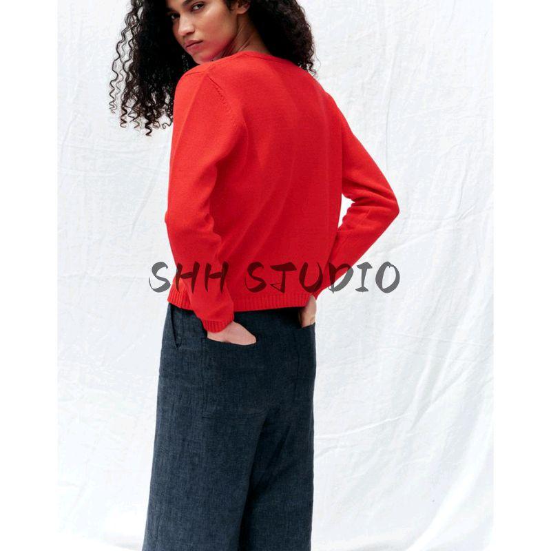 Summer New Women clothes Rib Decorative Layer Golden Breasted round Neck Long sleeve Simple Knitted Outerwear 6427048