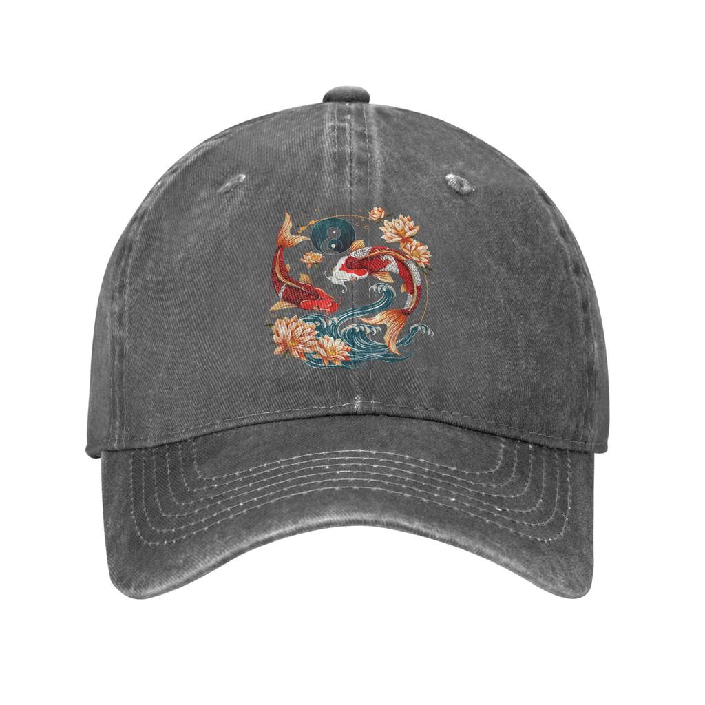 Japanese Koi Fish Lotus Flowers Baseball Caps Vintage Distressed Cotton Sun Cap Unisex Outdoor Workouts Adjustable Fit Hats Cap