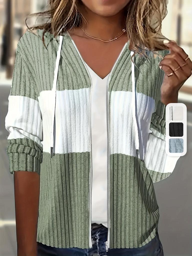 Autumn Zipped Patchwork Color Women's Hoodies Drawstring Long Sleeve Ladies Striped Knitwear Woman Fashion Loose Fit Sweatshirts