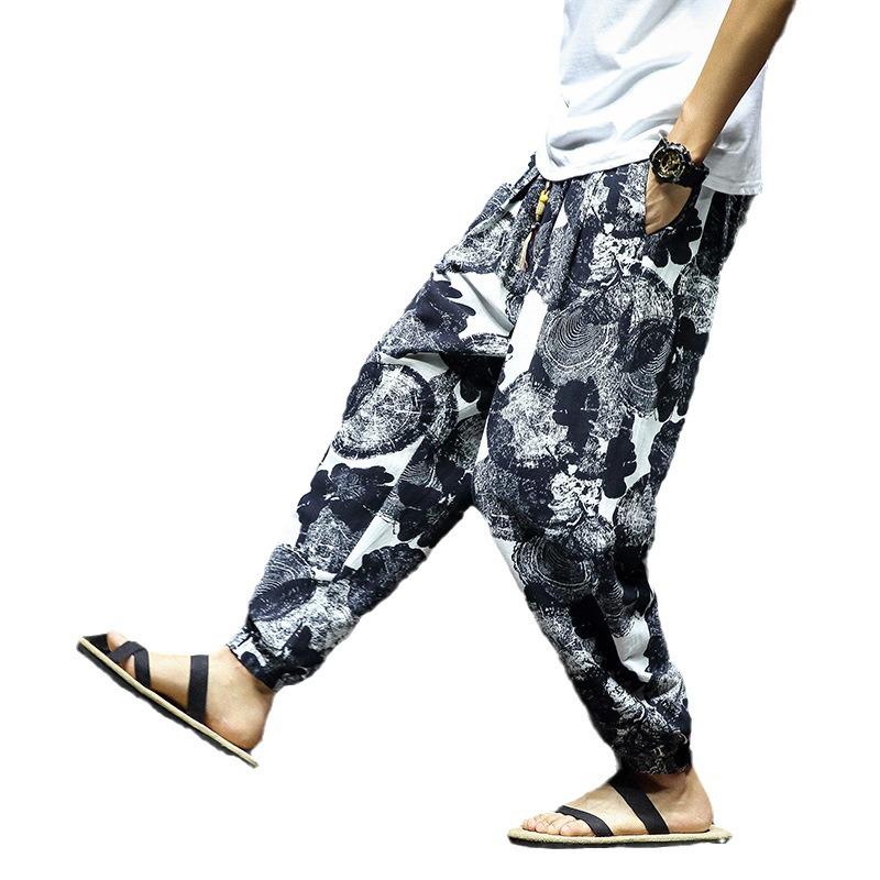 2023 Men's Autumn Cotton-Linen Floral Retro Large Size Slim-Fit Trousers