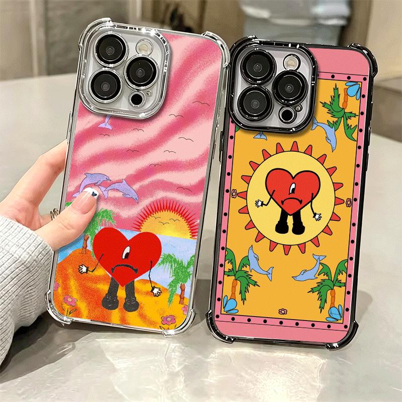 Bad Bunny Heart Plating Phone Case For Iphone 16 17 Pro Max Air 16E 14 15 Plus 12 13 Mini Anti-Fall Airabag Cover