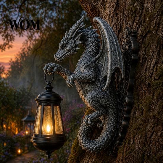 Outdoor Solar Lamp Dragon Wall Light, Vintage Resin Sculpture Lamp, Hanging Lantern Waterproof Gothic Garden for Fence Yard, Halloween Decor