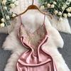 Dress Dress Women's Autumn and Winter Premium Satin Heavy Industry Embroidery Lace V-Neck Suspender Long Elegant Dress