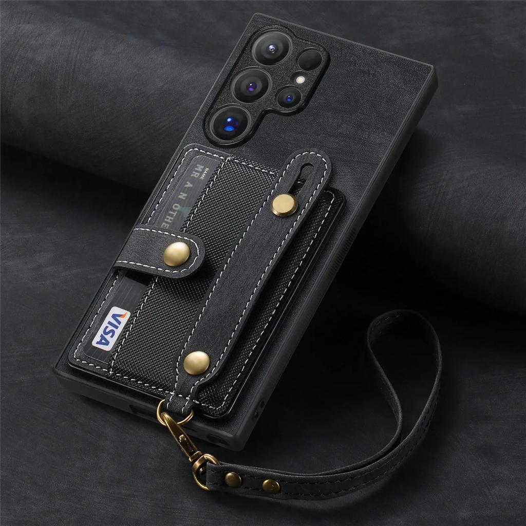 Wrist Strap Phone Case for Samsung Galaxy S24 Plus S23 FE S25 S22 Ultra A06 A16 A36 A05 A15 A25 A35 A55 Wallet Card Holder Cover