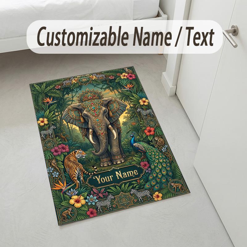 Jungle Animal Theme Soft Crystal Velvet Rug Custom Name & Text Print Non Slip Floor Rug for Bedroom Living Room