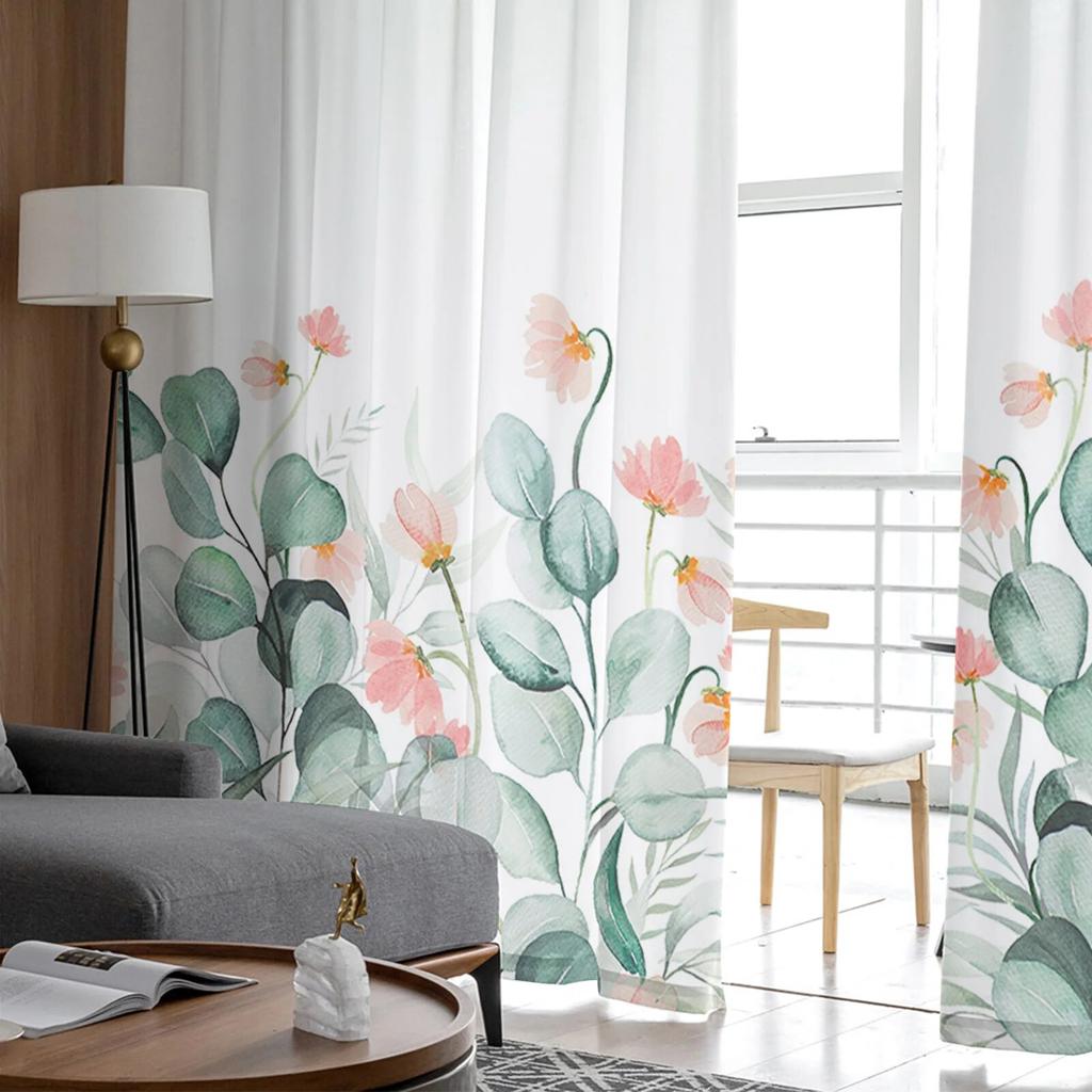 Idyllische Blume Eukalyptus Blätter Gardinen für Wohnzimmer Schlafzimmer Tüll Vorhang für Küche Voile Vorhang Blindplatten
