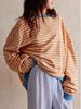 2025 Autumn/Winter Striped Color Block Loose Round Neck Long Sleeve Sweatshirt.