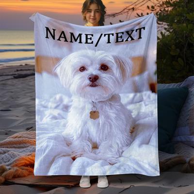 Customizable White Maltese Dog Print Flannel Blanket - Soft Warm Lightweight Throw for Sofa, Bed, Office, Couch, Chair, Camping,