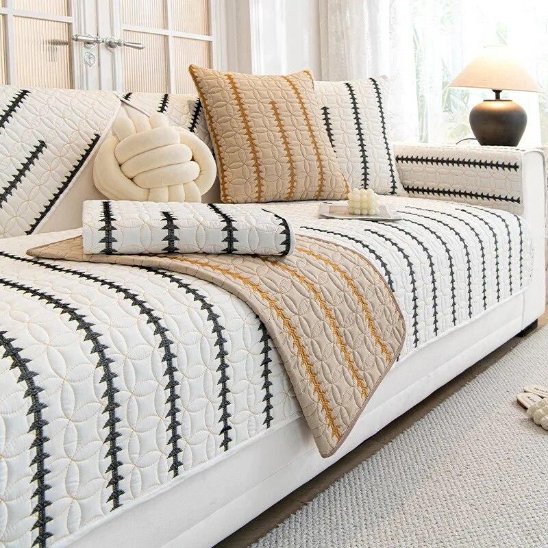 Washed Cotton Embroidered Stripe Sofa Mat Living Room Universal Sofa Slipcover Non-Slip Solid Color Couch Cushion Backrest Towel
