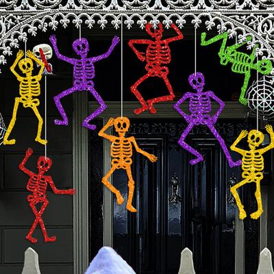 8 Pcs Colorful Hanging Skeleton Decoration Glitter Paper Skeleton Bunting Banner Backdrop for Indoor Outdoor Halloween Party Decor