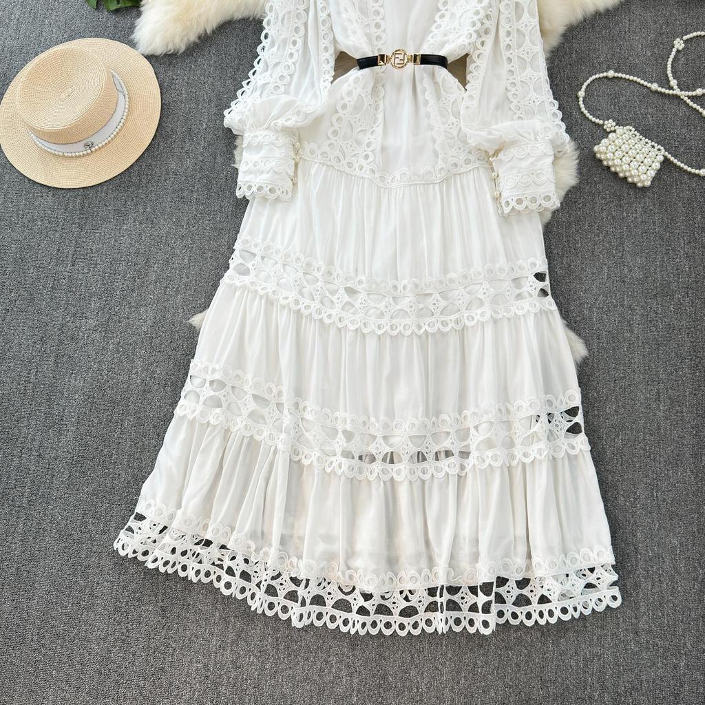 Elegant Crochet Lace Dresses for Women Hollow Out O Neck Lantern Sleeve A Line Belted Vestidos Court Style Dress Dropship