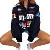Women's Oversized Stand Collar M&M Cartoon Graphic Print Single Button Long Sleeve Racing Windbreaker Jacket Coat