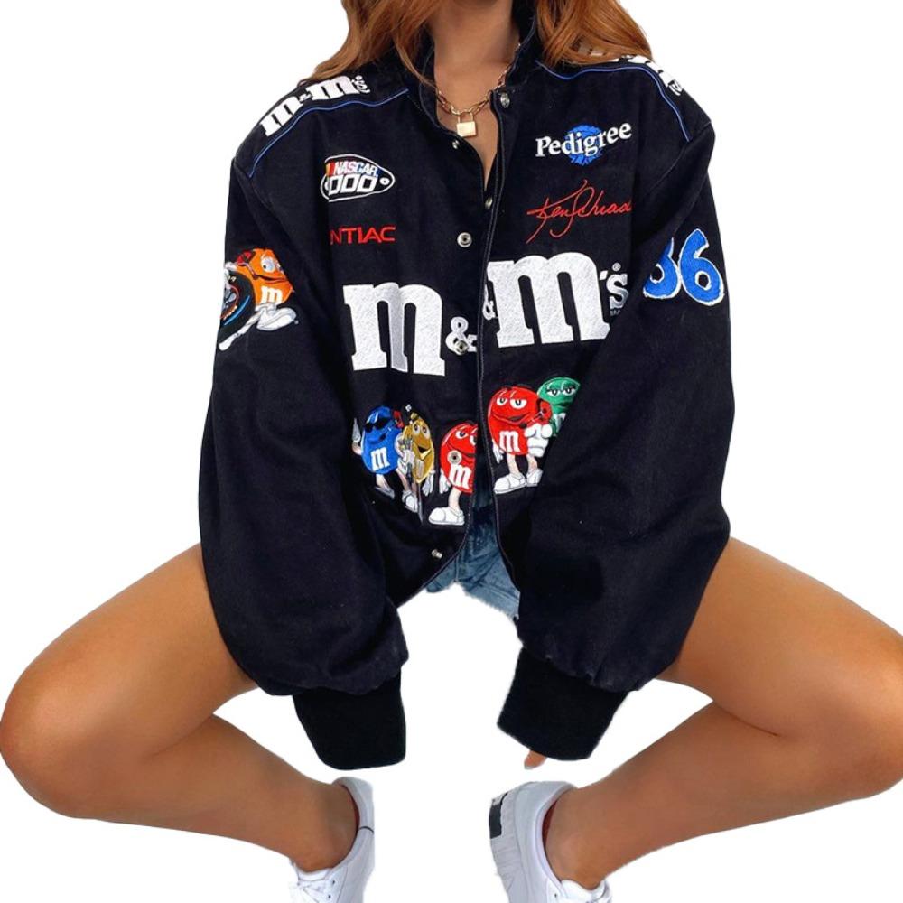 Women's Oversized Stand Collar M&M Cartoon Graphic Print Single Button Long Sleeve Racing Windbreaker Jacket Coat
