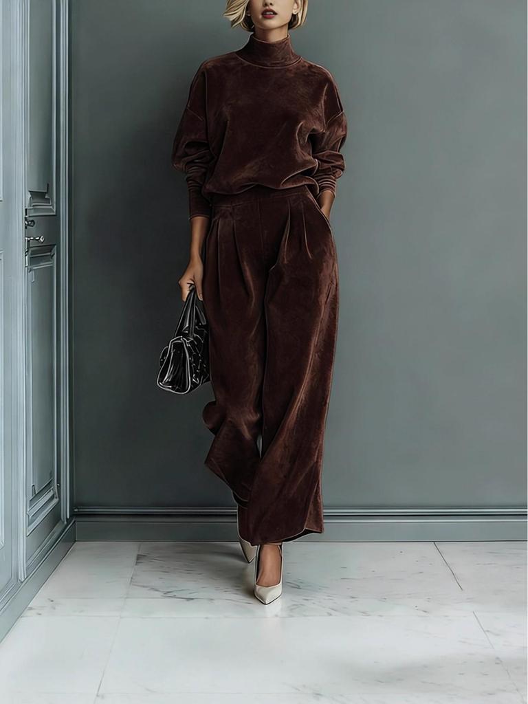 Women's 2025 Autumn/Winter Golden Velvet Two-Piece Set: Long Sleeve Top & Wide Leg Pants