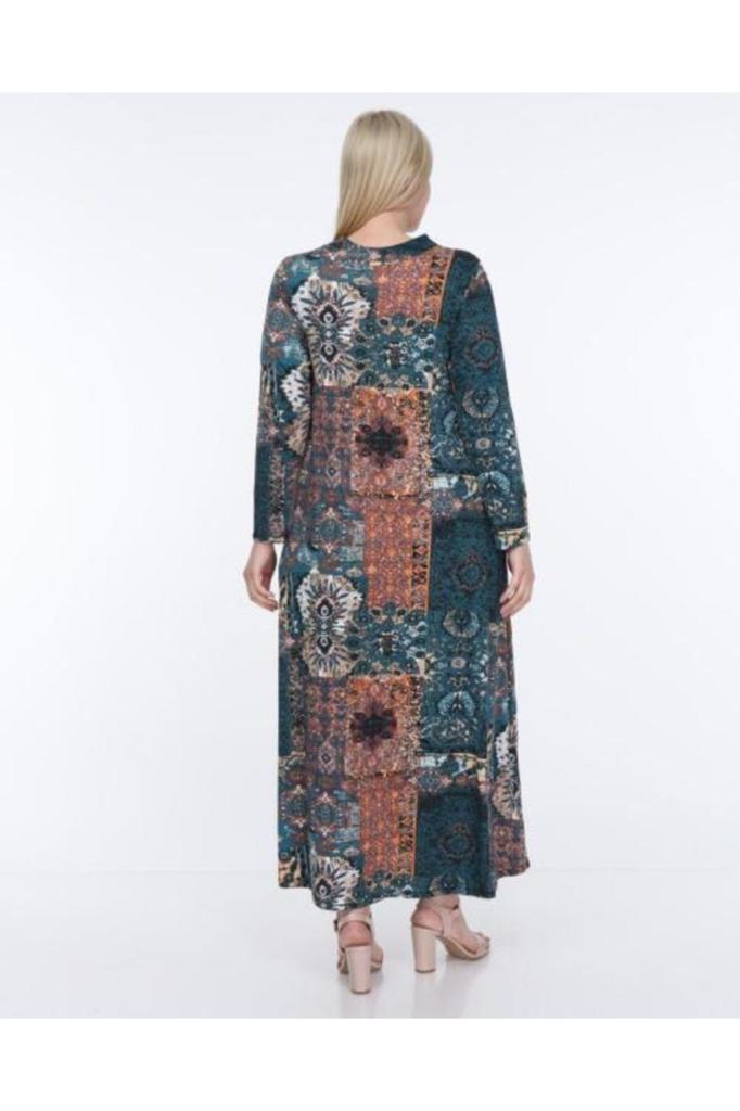 Damen Übergröße Kleid Blau Grün Ethnisches Muster Plus Size Kleid