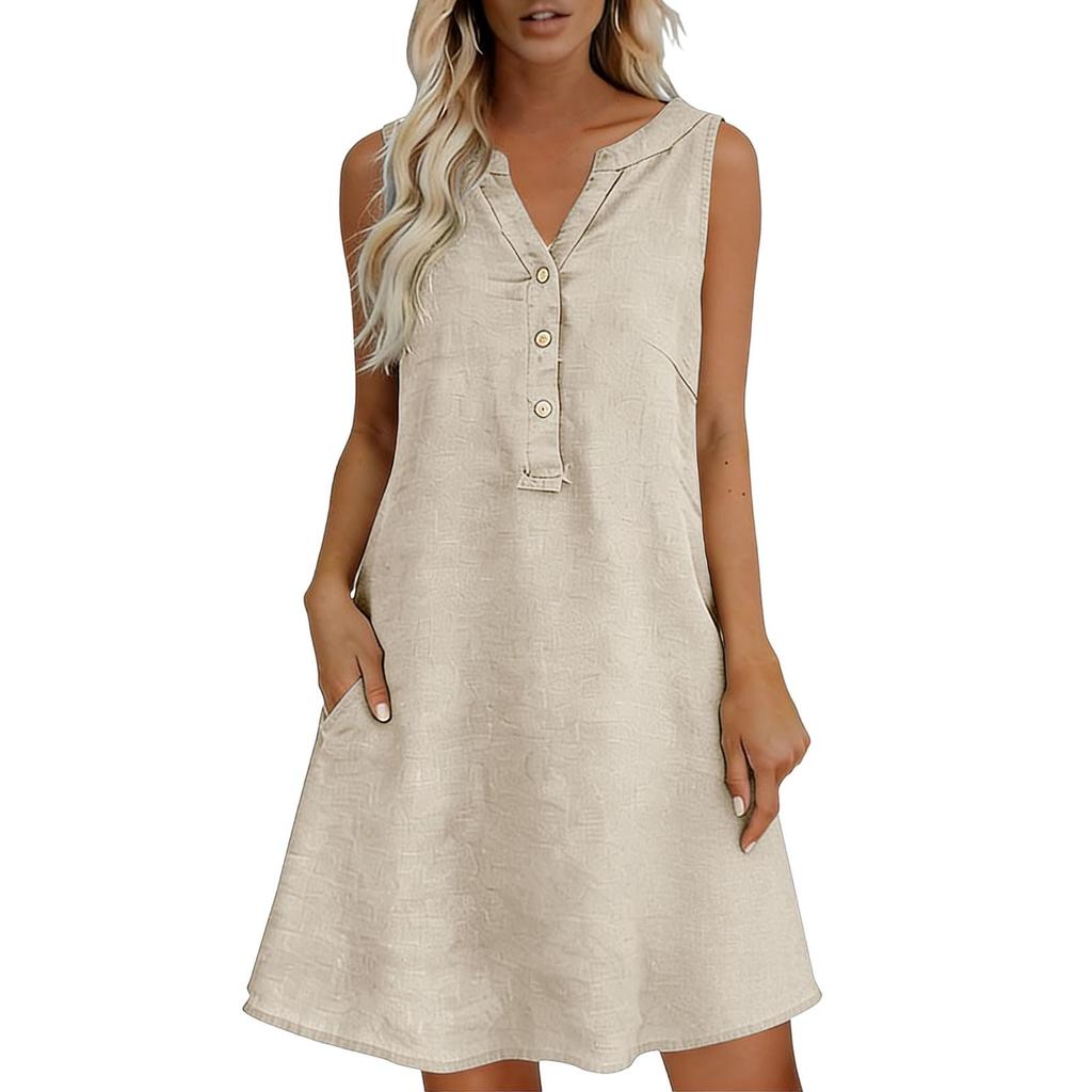 Women Sleeveless Loose Fit Dress V Neck Button Front Casual Summer Dress Lightweight Comfortable Fabric A Line Mini Dress