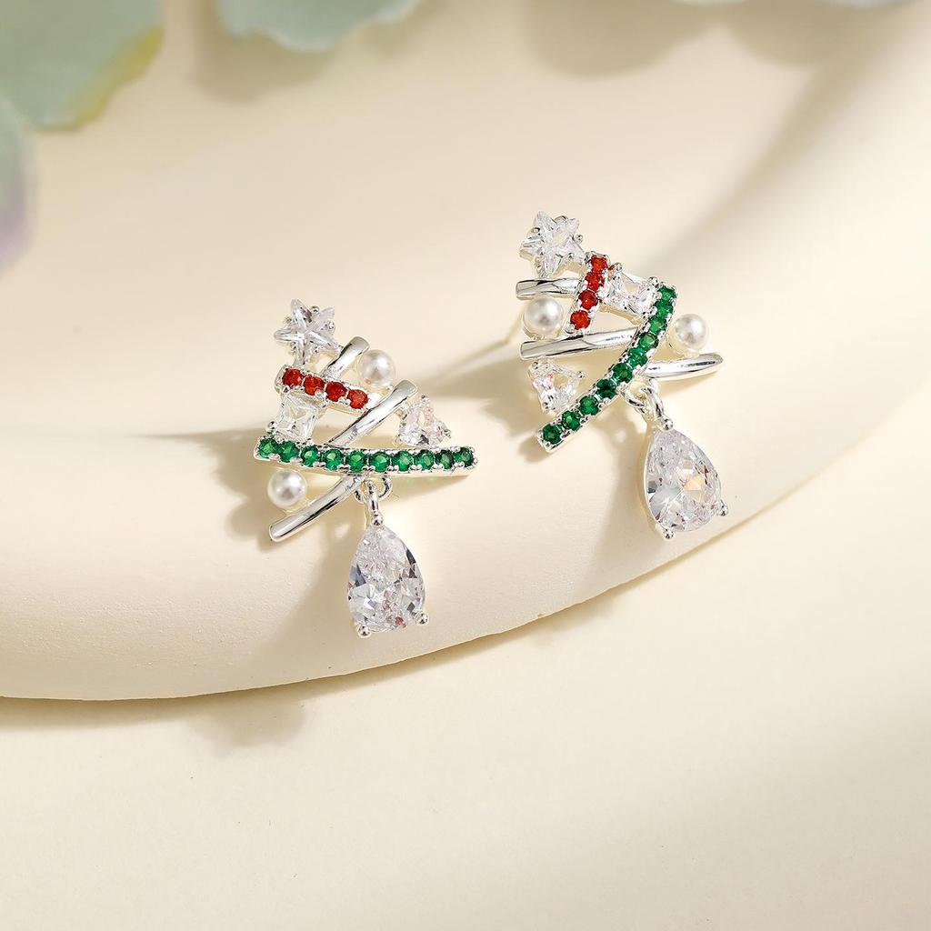 S925 Silver Christmas Tree Stud Earrings - Elegant Women's Light Luxury Fashion Jewelry for New Year's Eve