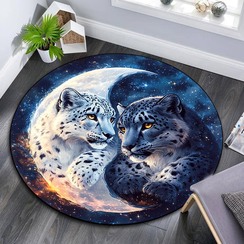 Snow Leopard Round Area Rug,Carpet Rug for Living Room Bedroom Sofa Playroom Decor,Non-slip Floor Mat