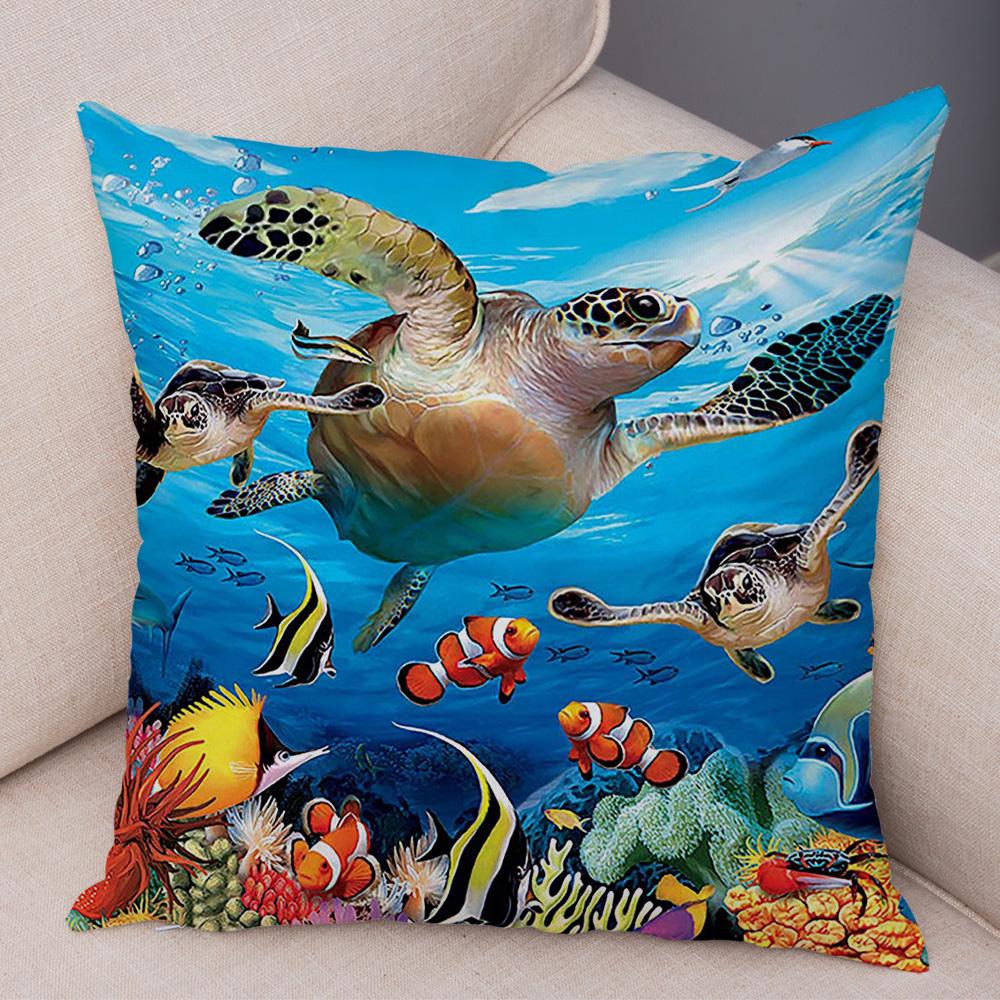 Marine Turtle Dolphins Shark Cushion Cover Short Plush Decor Colorful Ocean Animal Pillowcase Pillow Case for Sofa Home Car
