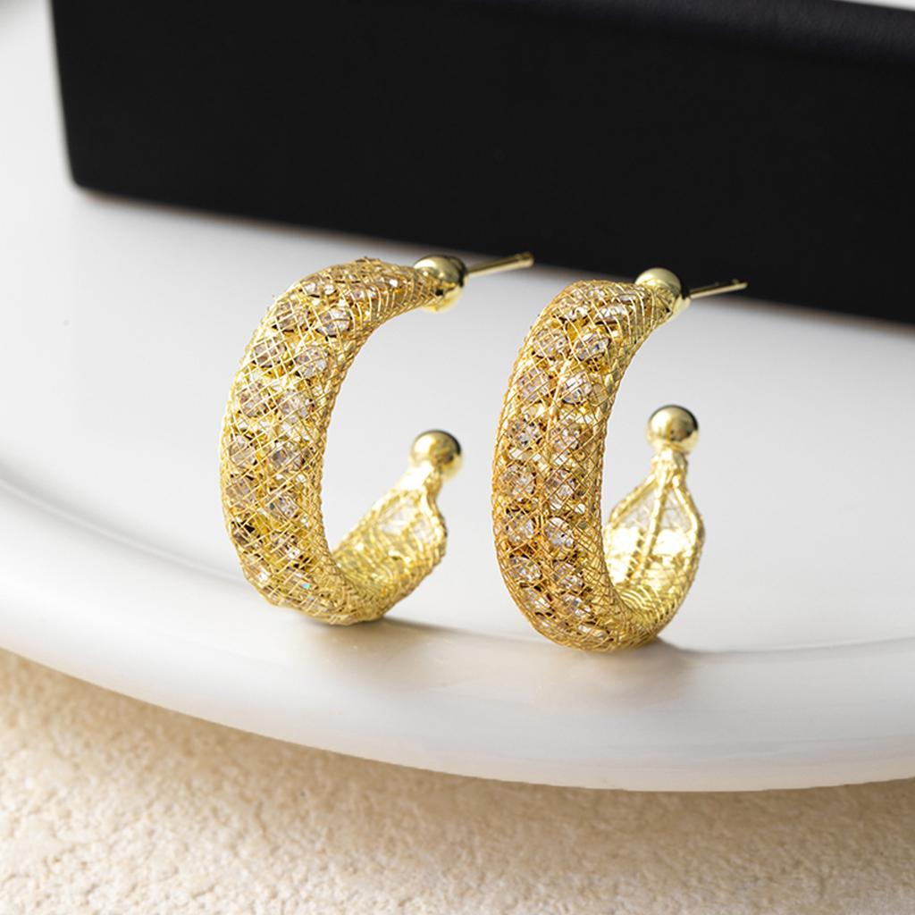 French Light Luxury Super Fairy Diamond-Set Hollow C-Shaped Earrings Women'S Fashion Temperament Advanced Sense Of Personality Elegant Earrings