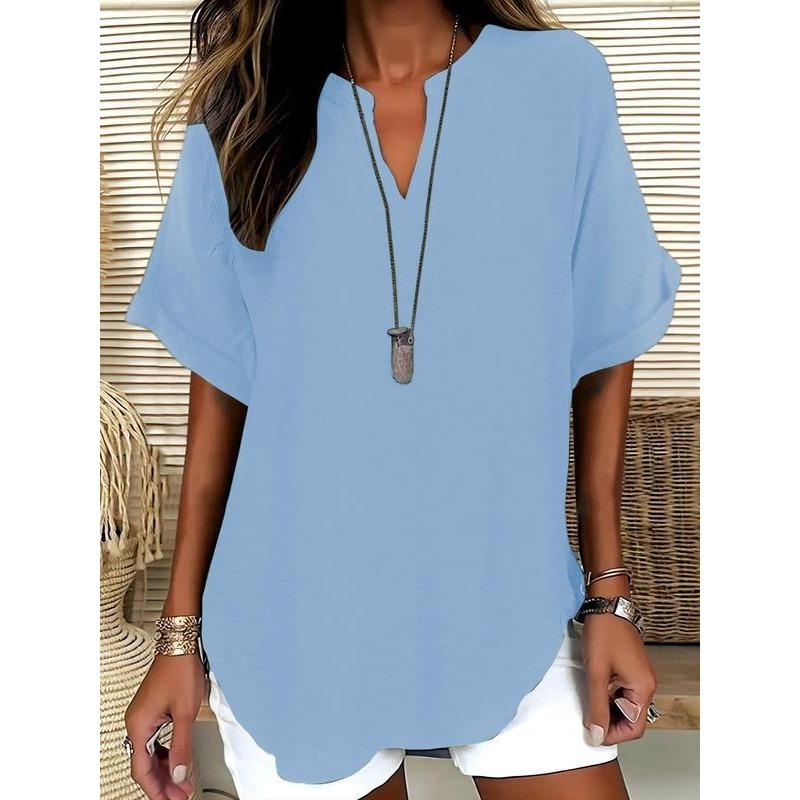 Summer Loose and Fashionable Pure Color V-neck Casual Women's T-shirts