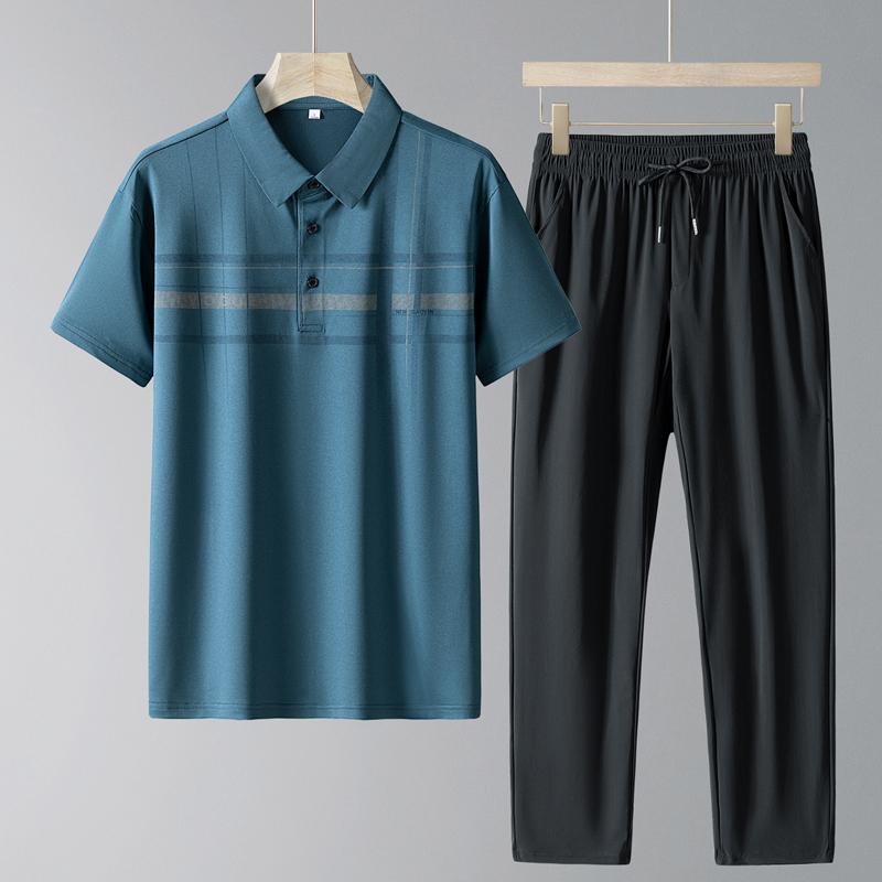 Traje Deportivo para Hombres de Mediana Edad y Mayores, Casual de Seda Helada de Manga Corta, Conjunto de Dos Piezas para Hombres