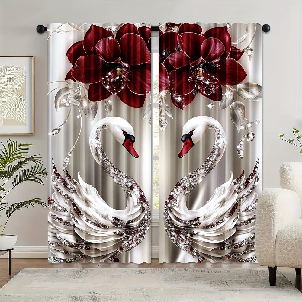 2pcs Floral & Swan Art Sheer Polyester Rod Pocket Curtains – Light Filtering for Living Room   Bedroom & Office