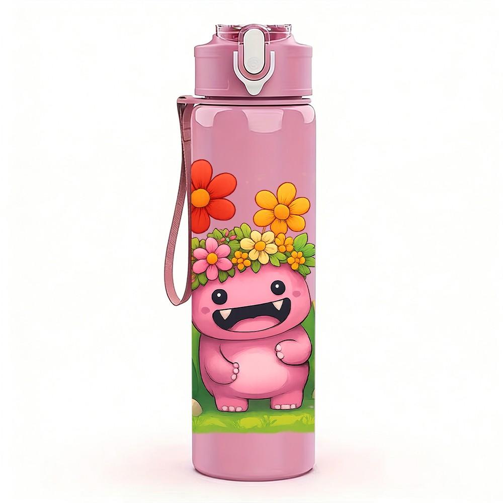 1PC Pink Monster Floral 750ml Color Plastic Sports Water Bottle Leakproof Flip Straw Lid Suitable for Sports Office Home Use