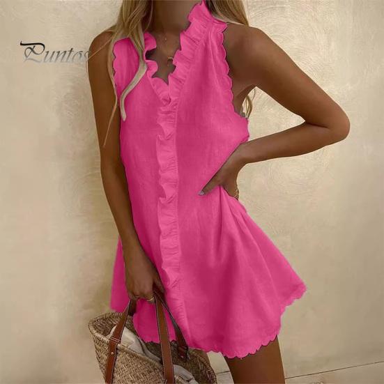 Breathable Summer Dress Ruffle Mini for Women, Sleeveless V Neck Cotton Skirt Linen Short Dress, Boho Beach Vacation Casual A-Line Sundress Bohemian
