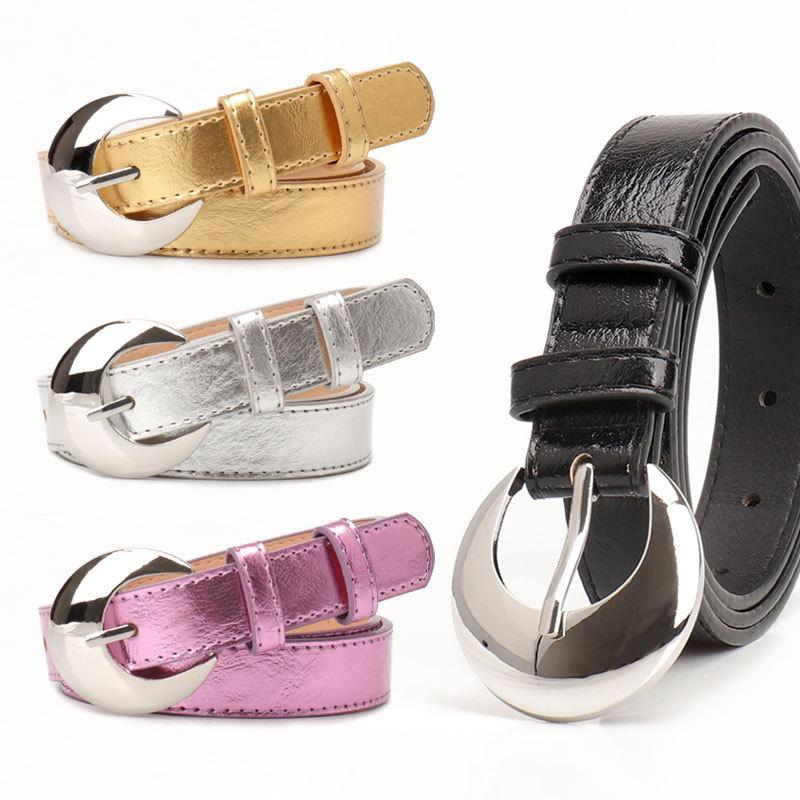 Metallic Color Belts 105cm Colorful PU Moon Buckle Trendy Jeans Belts Ladies Belt Shiny Alloy Buckle Belt Jeans Decorative Belt