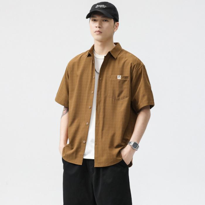 Summer Jacquard Plaid Work Shirt Style Men's Lapel Loose Casual Short-sleeved Shirt Men