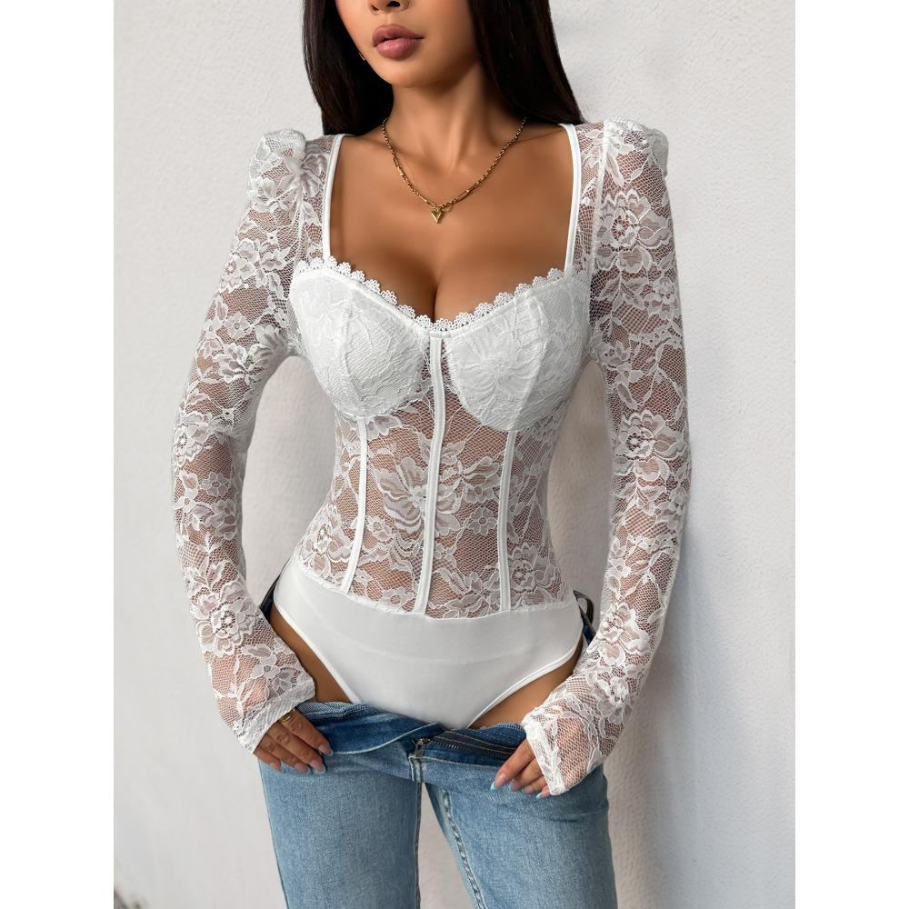 Dámský sexy květinový krajkový průsvitný síťovaný korzetový overal s špagetovými ramínky a tílkem na cesty