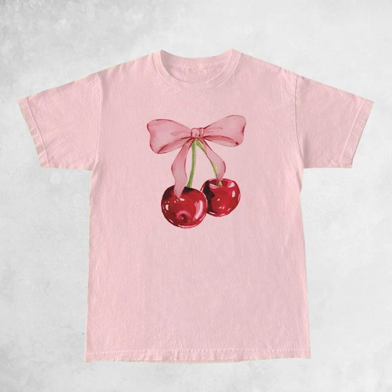 Cherry Bow Printed Womens Vintage TShirt Trendy Cute Coquette Tee Shirt Short Sleeve Cottagecore Aesthetic Tops FeUnisex Clothes