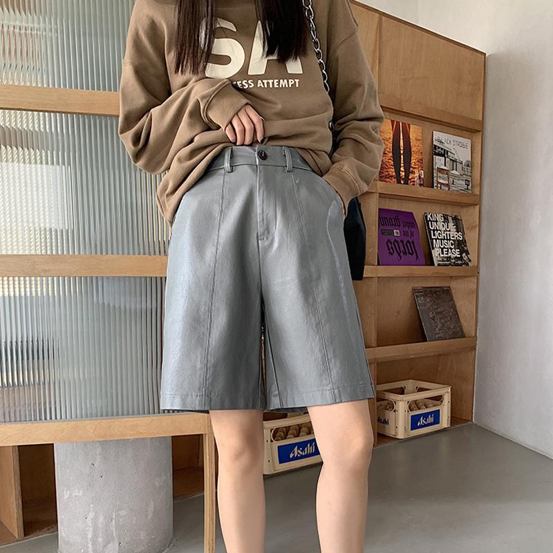 Shorts Damen, hohe Taille, weites Bein, kurze Hose, lockere, lässige, gerade Lederhose