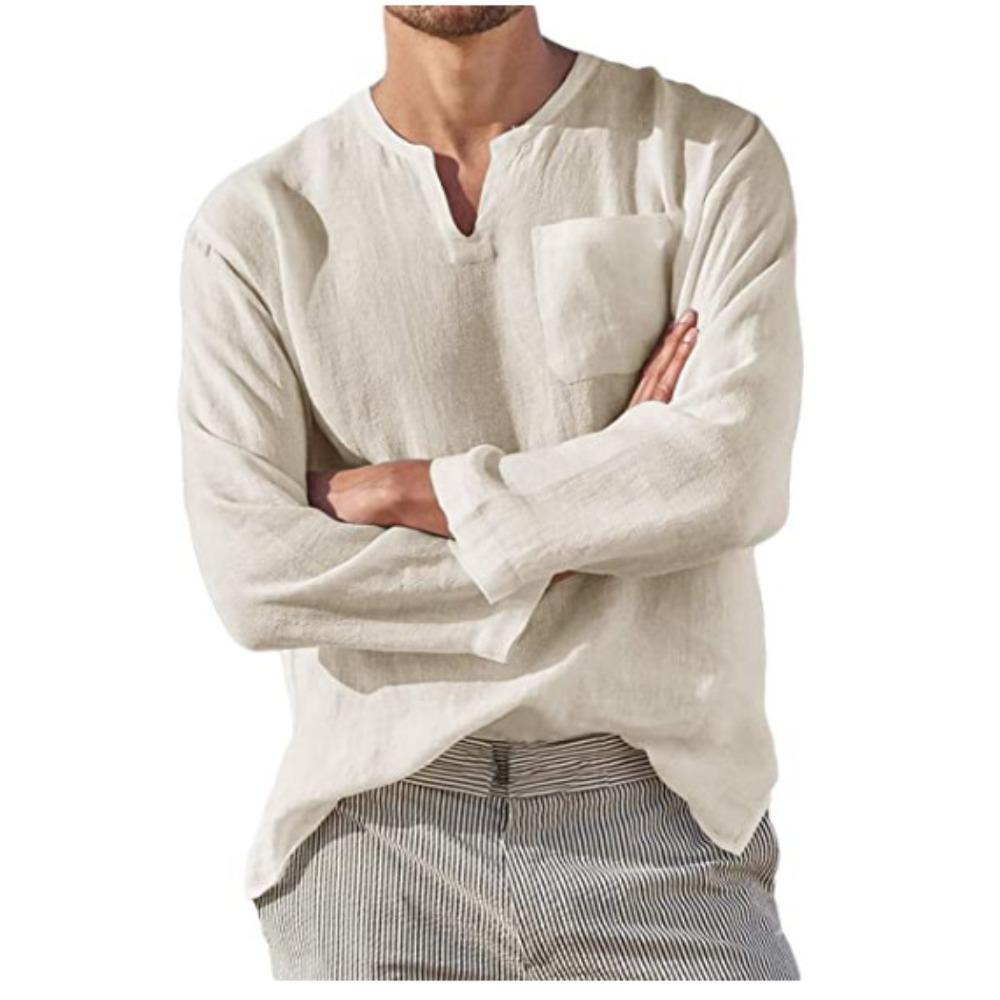 Men's Long-Sleeved V-Neck Casual Beach Linen Shirt