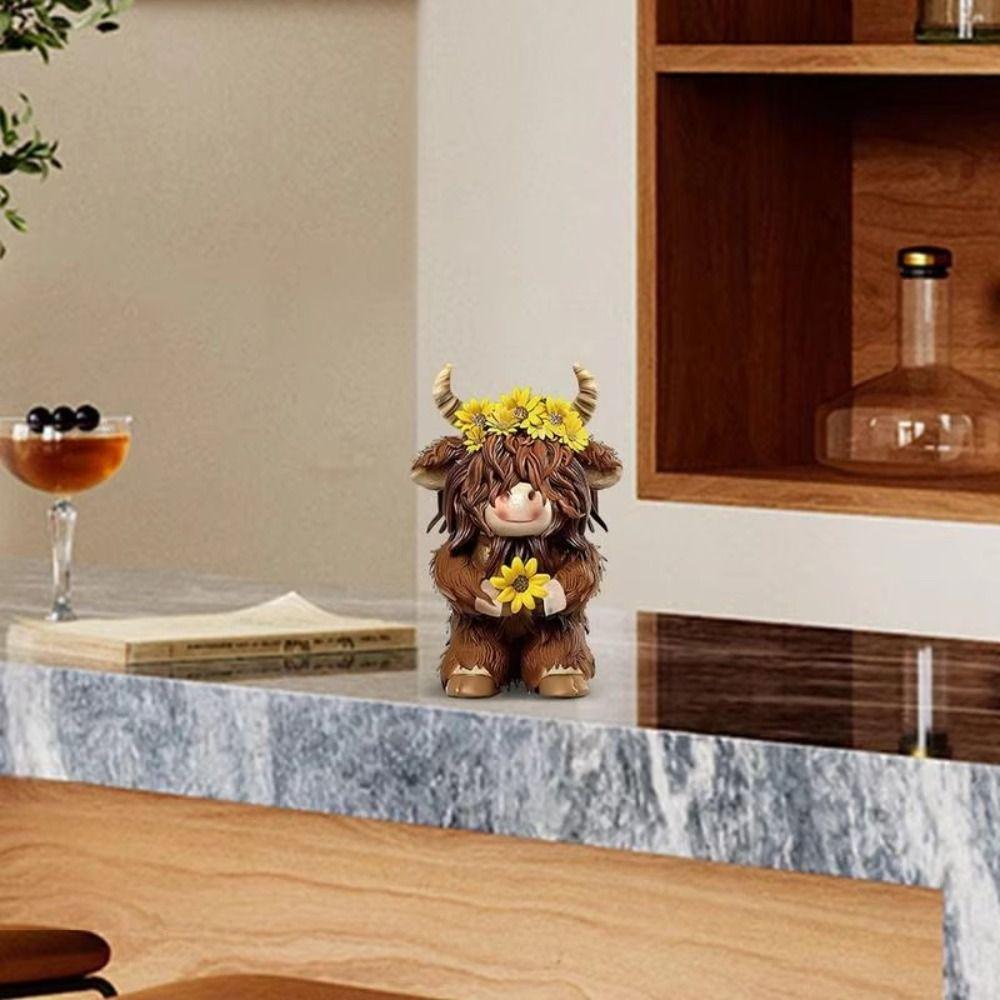 Resin Highland Cow Statue Cute Animal Sculpture Ornament Funny Cow Figurine  Desktop