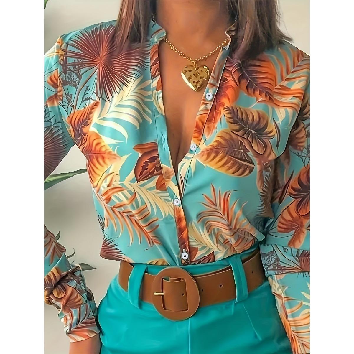 

Блуза с цветочным принтом в случайном порядке, повседневная блузка с длинными рукавами на пуговицах спереди, женская одежда XXL(14)