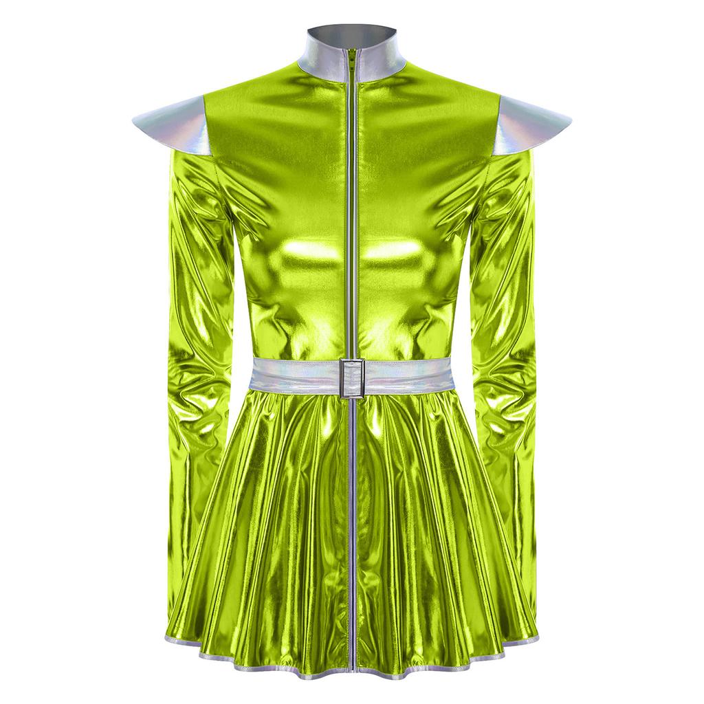 Womens Alien Costume Long Sleeves Front Zip A Line Dress Belt Design Shiny Metallic Outer Space Robot Costume