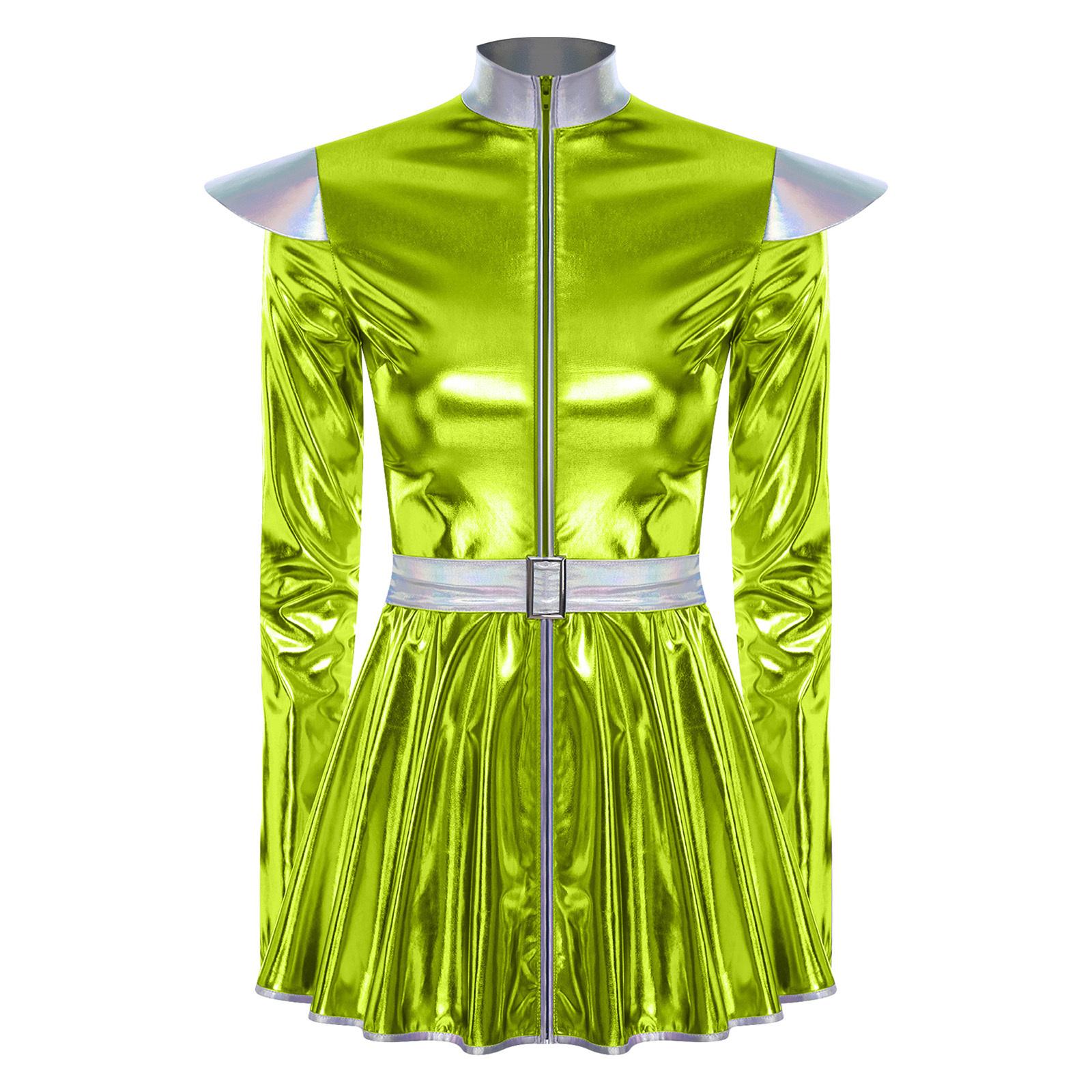 

Жіночий костюм інопланетянки з довгими рукавами, сукня А-силуету із застібкою спереду, дизайн з поясом, блискучий металік, костюм робота з космосу XXL зелений