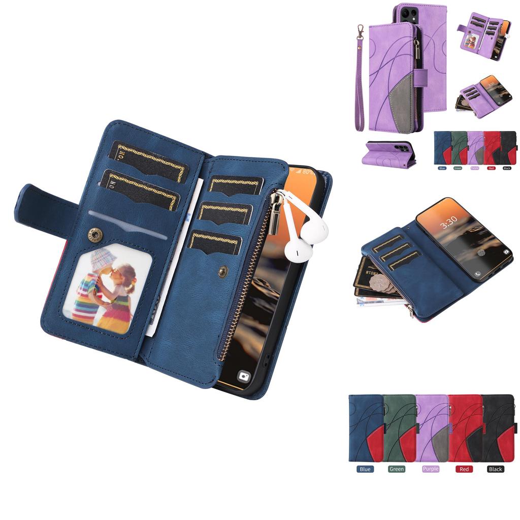 Stylish Dual-color Nine-card Zipper Case With Card Holder And Stand For Samsung A14