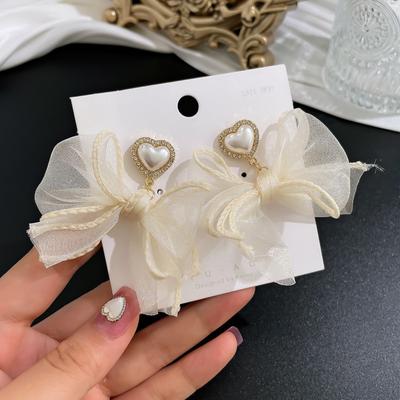 Needle Sweet Jewelry Bowknot Earrings New Imitation Pearls Heart Drop Earrings for Girl