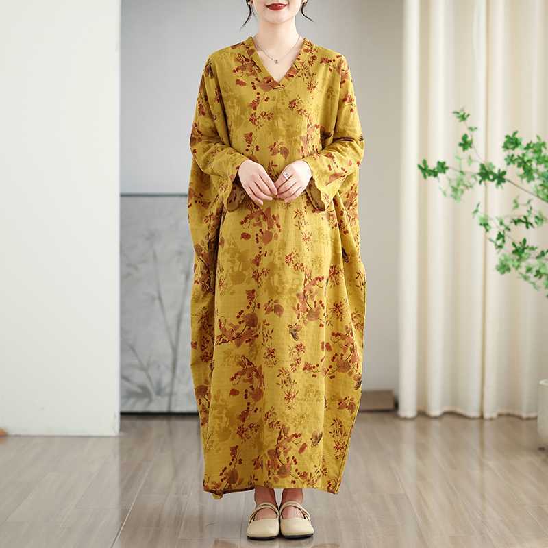 Colorful V-neck Retro Long Skirt Cotton Linen Dress